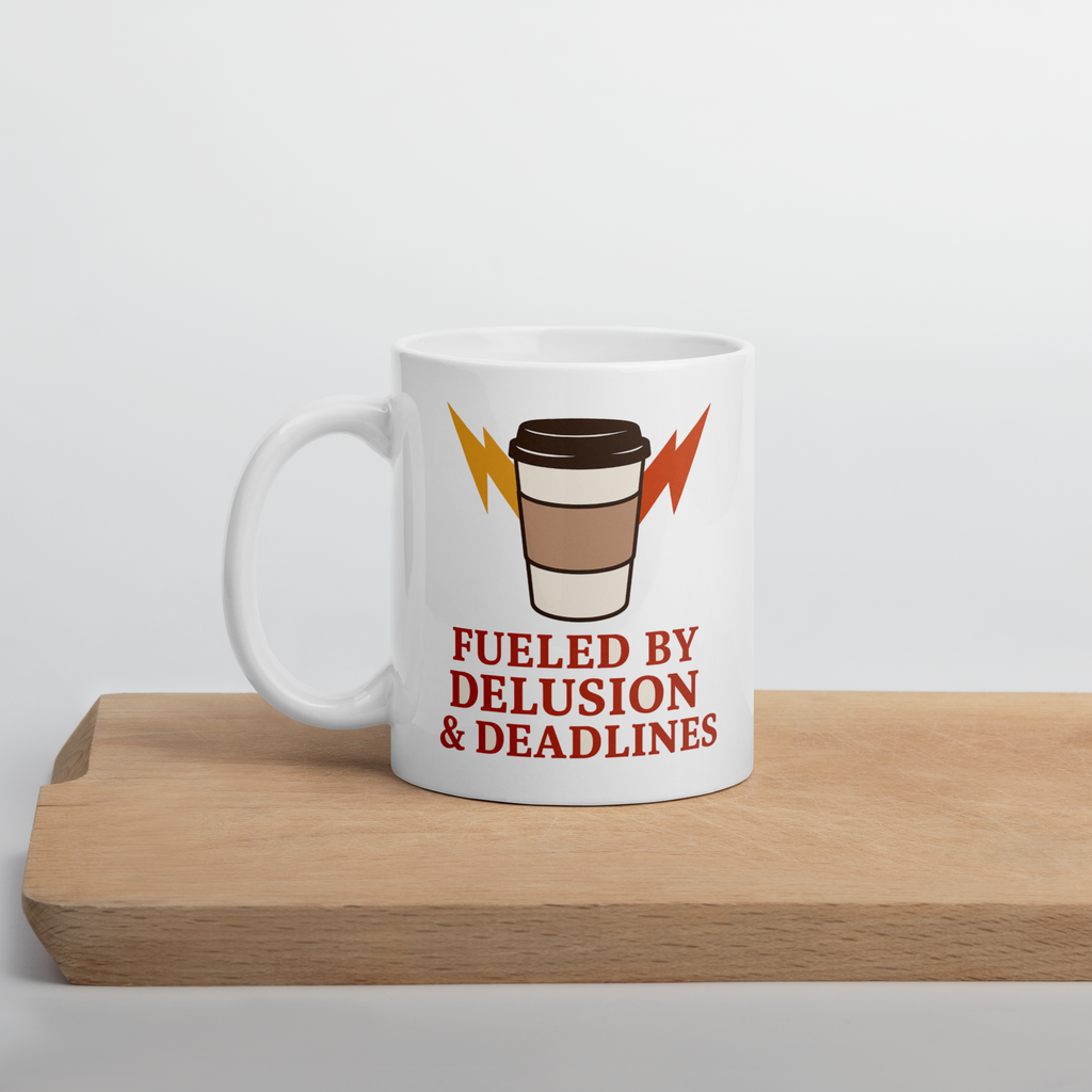 “Fueled by Delusion & Deadlines” Coffee Mug